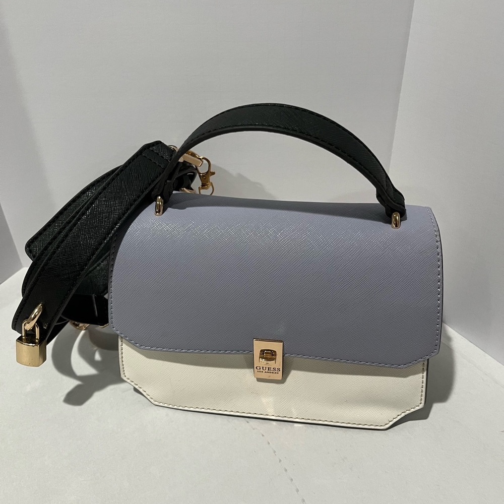 Guess Lowen Two Tone Design Top Handle Satchel/Crossbody Black and Cream